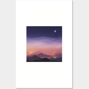 Lights Through The Fog, Stars In the Sky Minimalistic Landscape Illustration Posters and Art